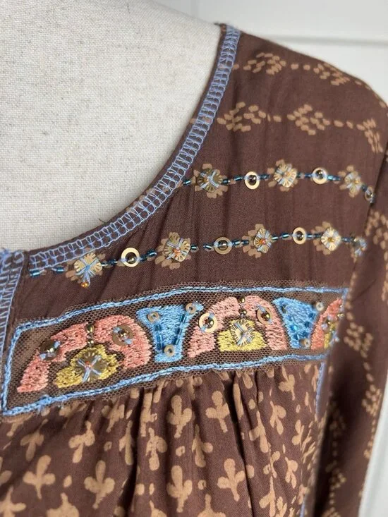 Krista Lee Tunic Top NWT S Boho Embroidered Beaded Brown Oversized Peasant Top - Picture 3 of 10